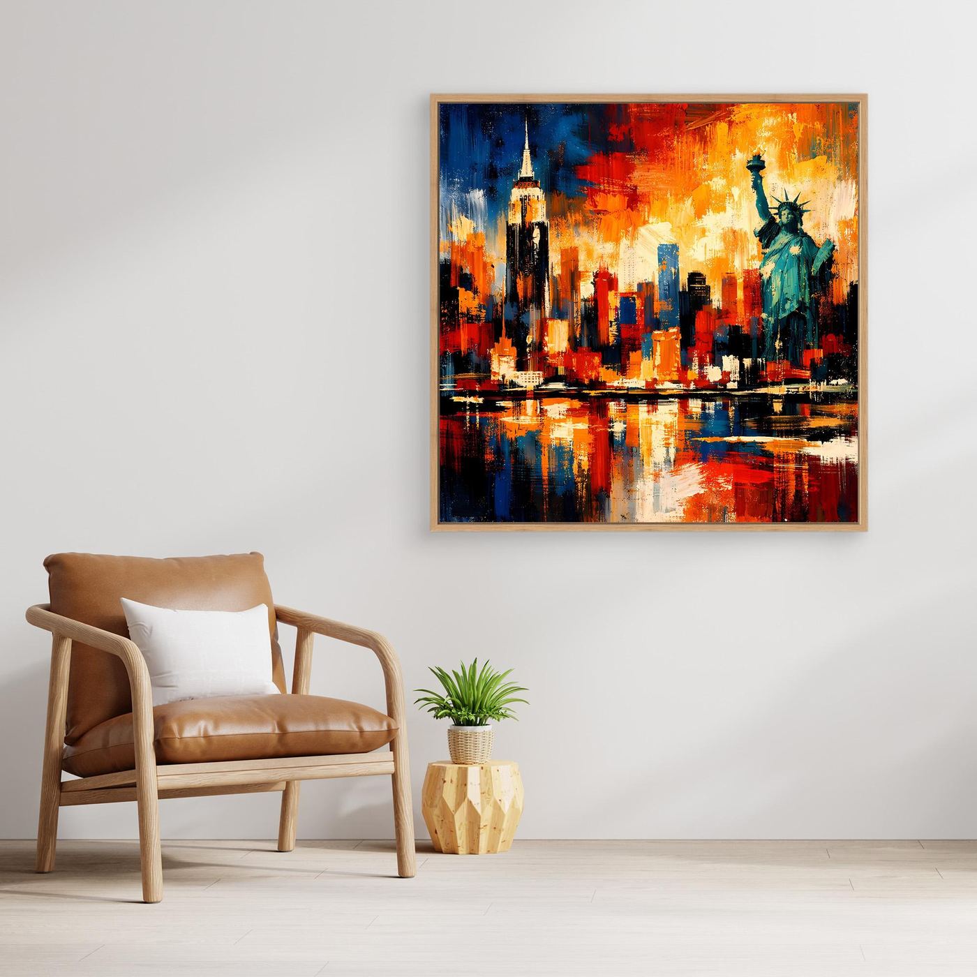 Abstraktes Leinwandbild: New-York-Skyline mit Freiheitsstatue, mit Holzrahmen