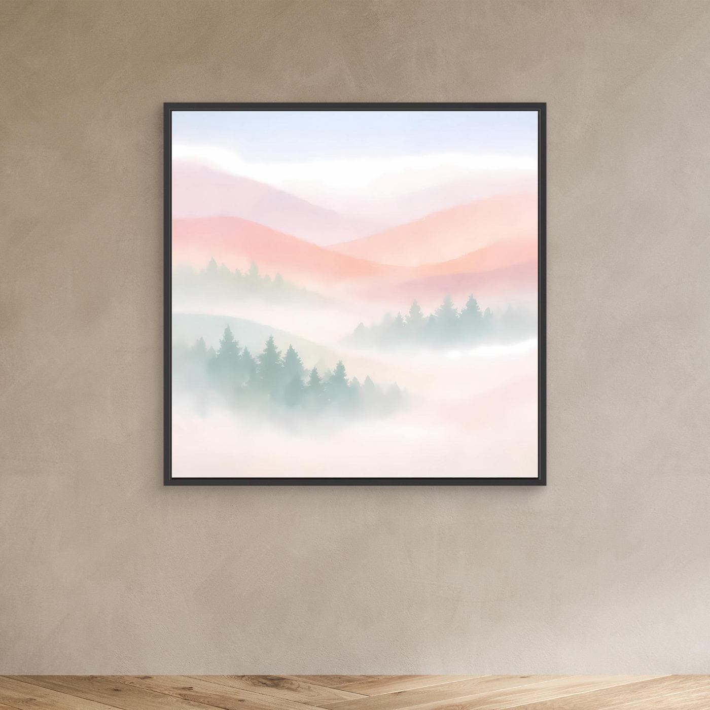 Leinwandbild mit nebligen Bergen in Pastellfarben, im schwarzen Rahmen