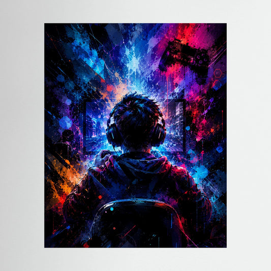 Neon-Gaming-Poster: Gamer mit Headset und Controller vor leuchtender Cyberkulisse