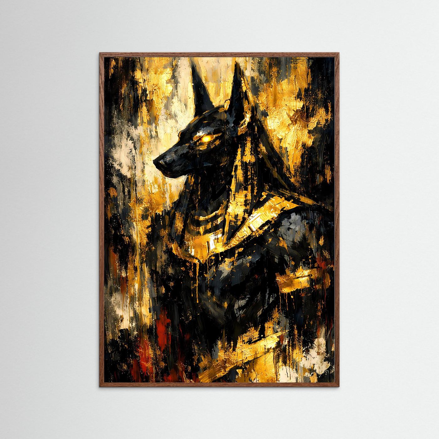 Abstraktes Anubis-Ägyptenposter im dunklen Holzrahmen, goldene und schwarze Farbflächen