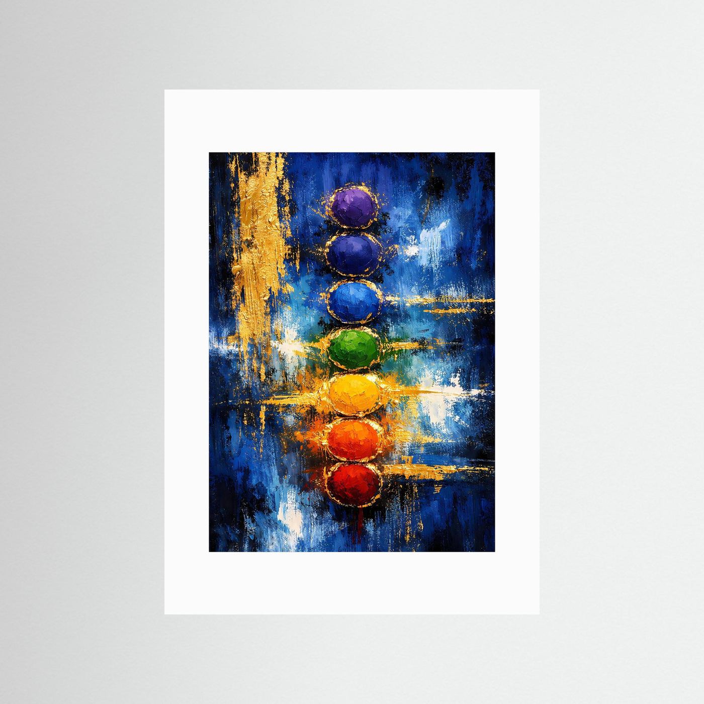 Chakra-Kunstposter mit weißem Passepartout, abstrakte Kreise in Blau und Regenbogenfarben