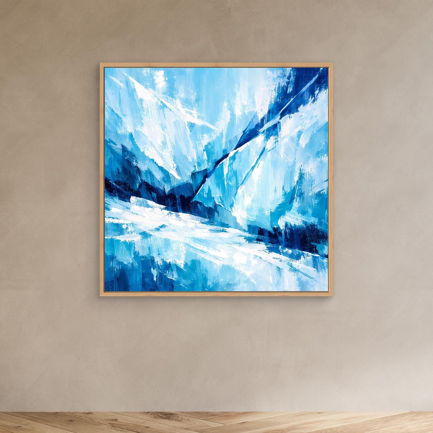 Leinwand-Wandbild mit abstraktem Gletschermotiv in Blau und Weiß, Eichenrahmen