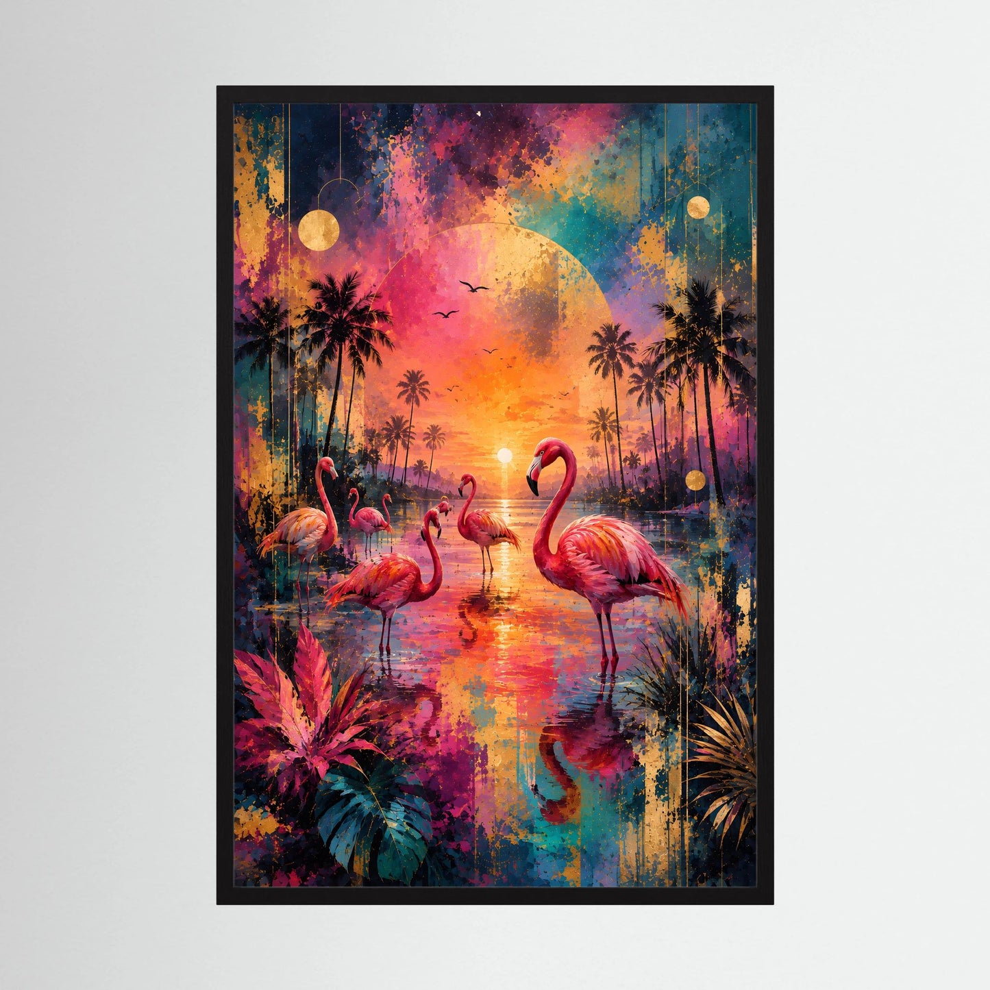 Gerahmtes Hochformat-Poster mit Flamingos im tropischen Sonnenuntergang, schwarzer Rahmen