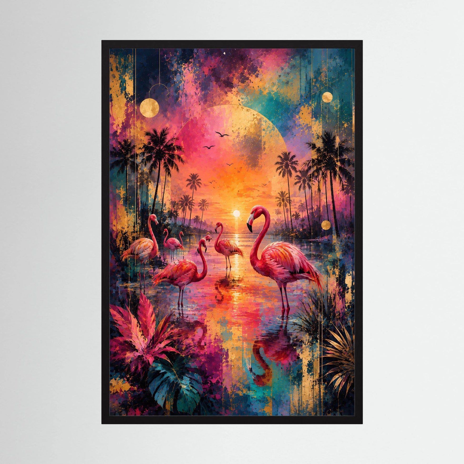 Gerahmtes Hochformat-Poster mit Flamingos im tropischen Sonnenuntergang, schwarzer Rahmen