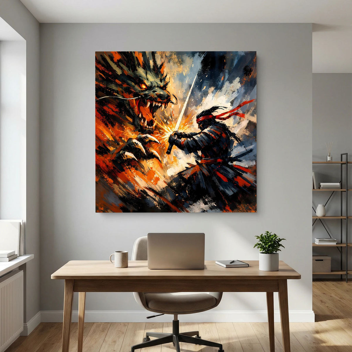 Leinwandbild: Drachenfrau kämpft mit Samurai, Lichtlinie in der Mitte, kräftige Spritztechnik