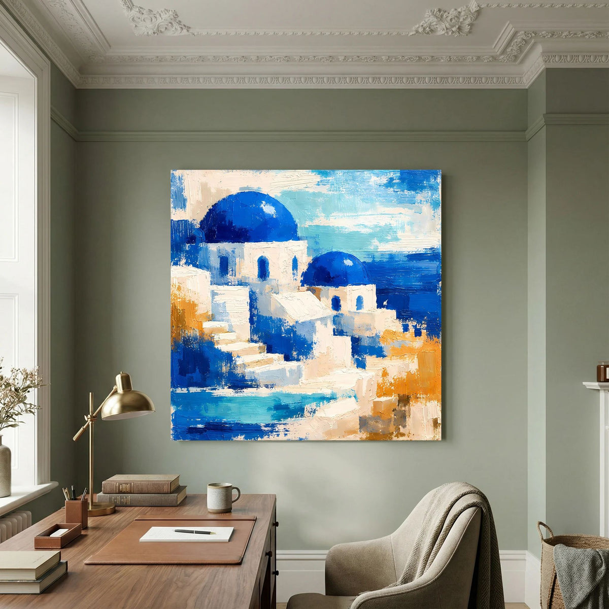 Abstraktes Wandbild mit blauweißen Häusern und großen blauen Kuppeln, quadratisch