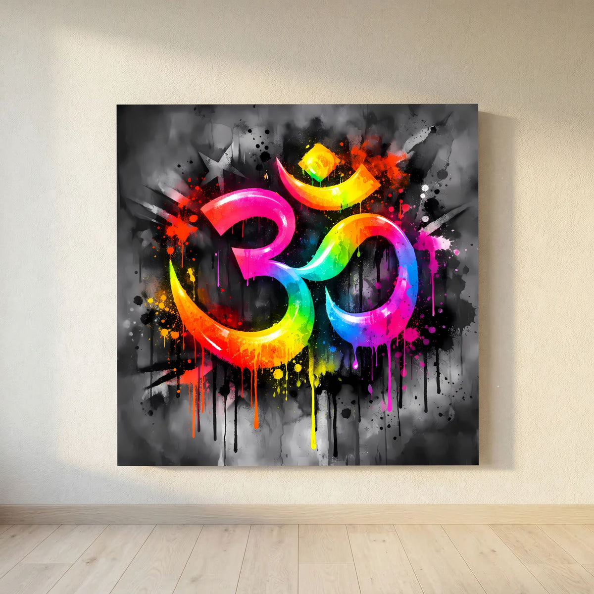 Keilrahmen-Leinwandbild mit Om-Symbol in Regenbogenfarben und farbigen Farbspritzern