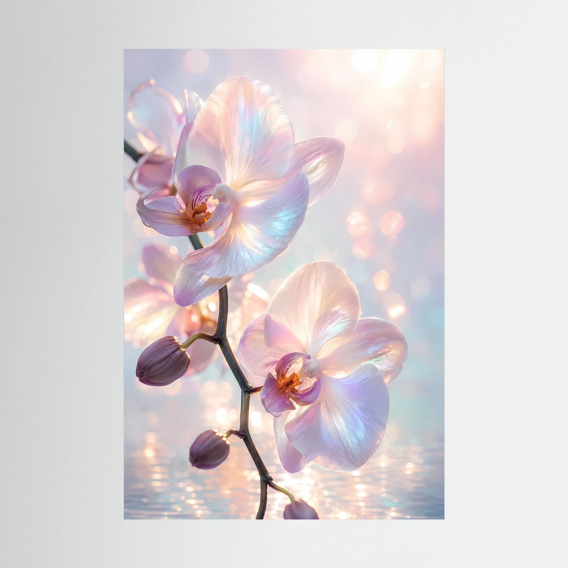 Kunstposter mit Orchideenblüten in Pastellrosa und Hellblau, vertikales Format