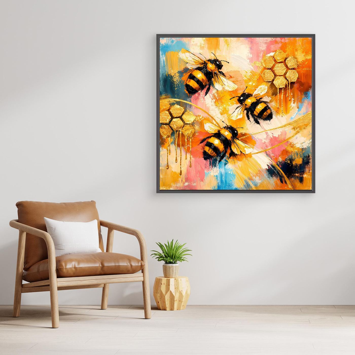 Leinwandbild mit abstrakten Bienen und goldenen Wabenmotiven, Holzrahmen im bunten Stil
