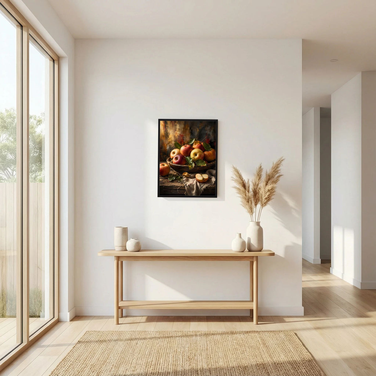 Gerahmtes Hochformat-Poster mit Apfel-Stillleben auf dunkler Holzfläche