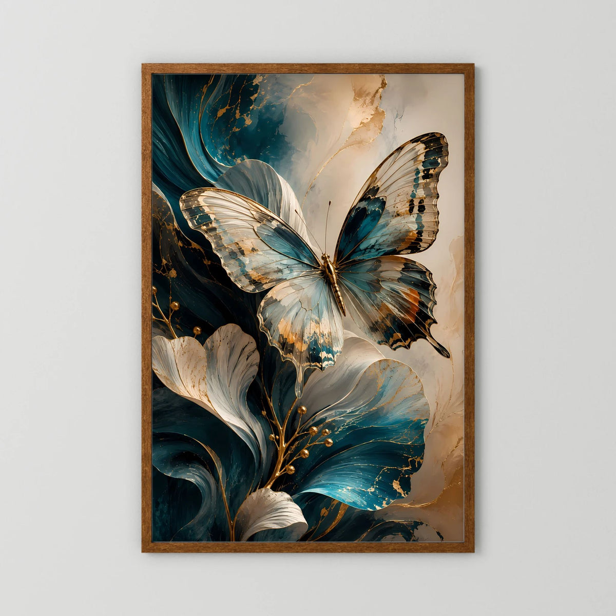 Eleganter Schmetterling in Petrol und Gold | Abstrakte florale Kunst | Poster Hochformat