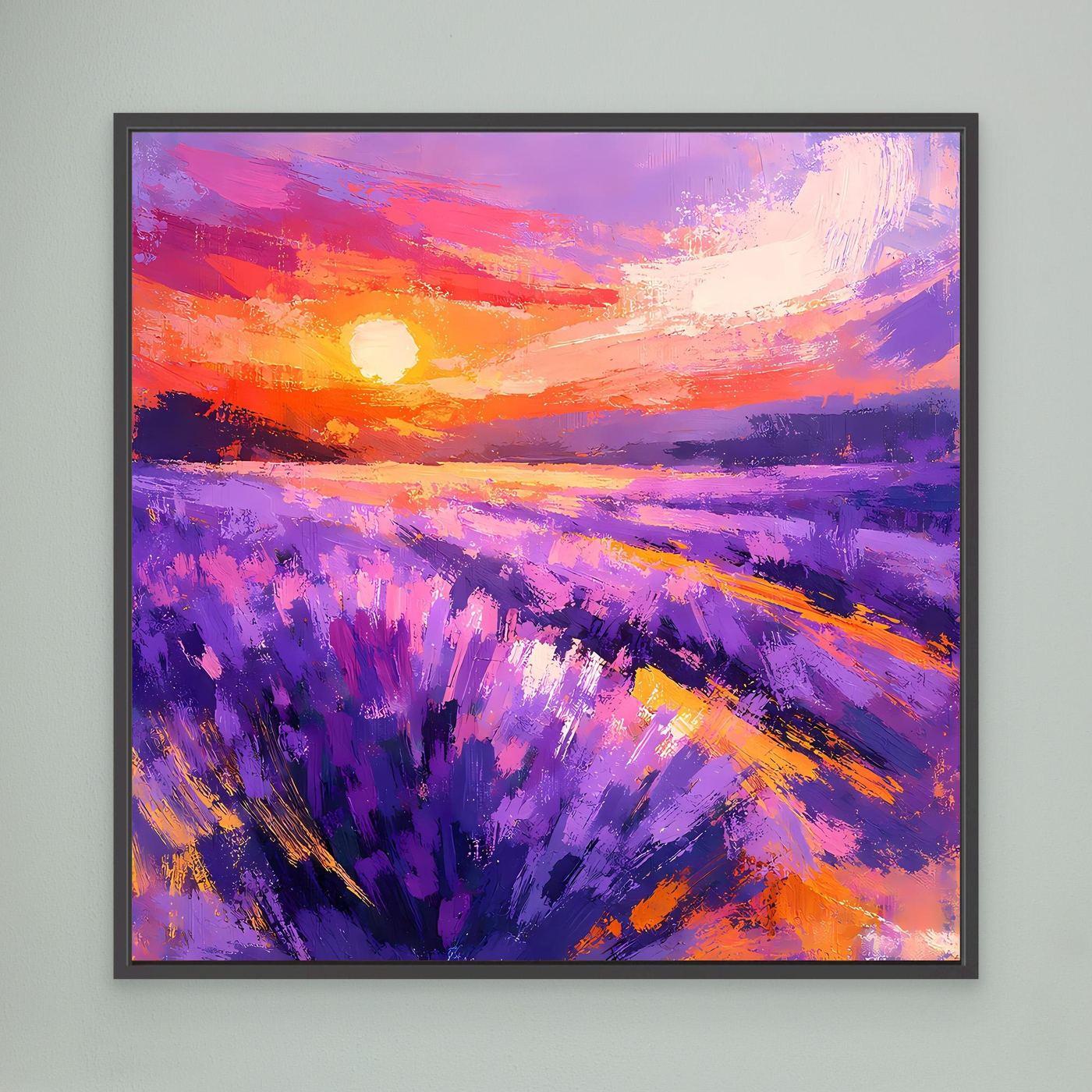 Lavender field wall art with purple blossoms and orange-pink sunset, black frame.