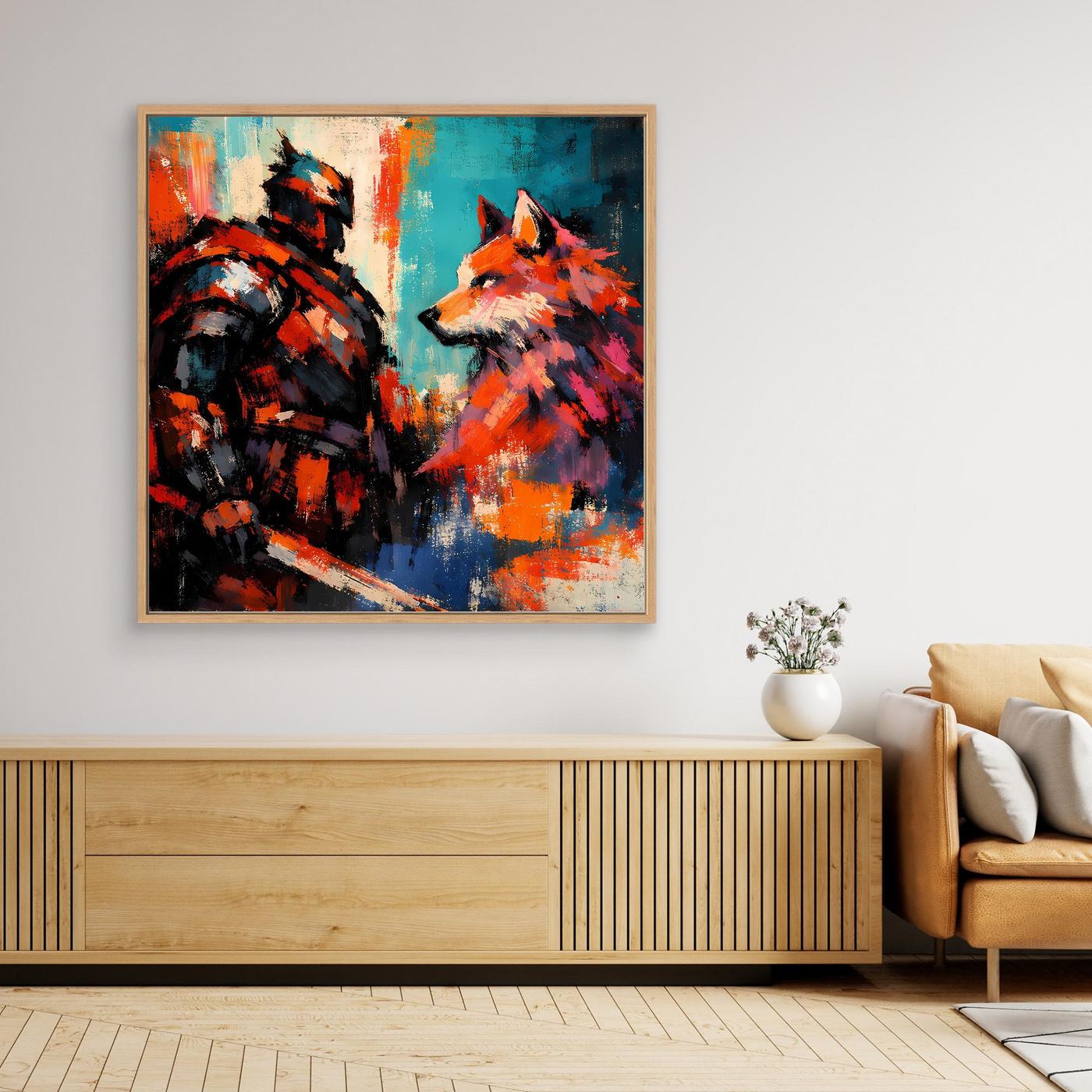 Leinwand-Wandbild mit Krieger und Wolf, orange-blaue Farben, Holzrahmen