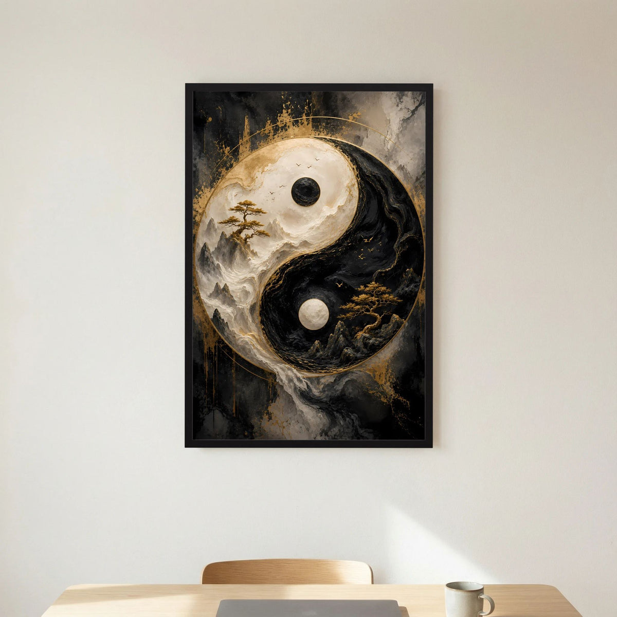 Vertikales Poster mit Yin-Yang-Motiv im schwarzen Rahmen, Schwarz-Gold, abstrakte Berge