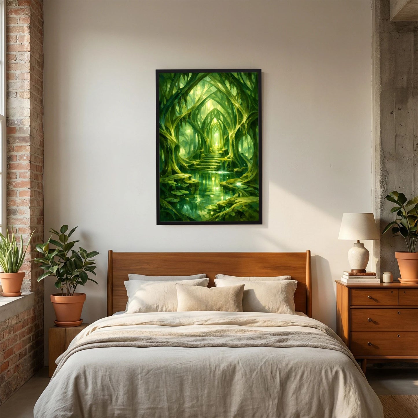 Kunstposter im schwarzen Rahmen mit grünem Waldtempel-Motiv, heller Lichtquelle und Reflexen