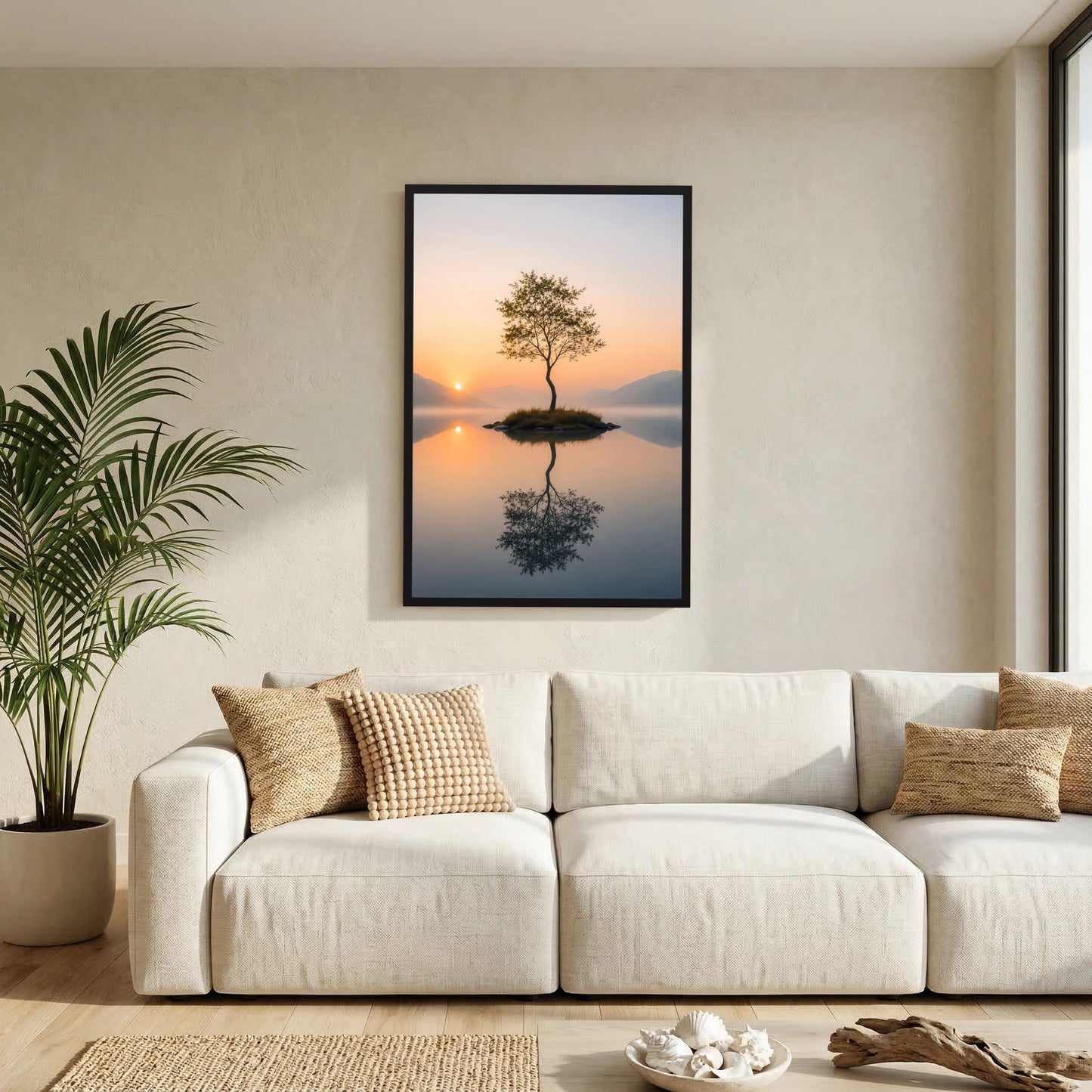 Poster im Hochformat mit schwarzem Rahmen: Baum auf Insel, Spiegelung im See