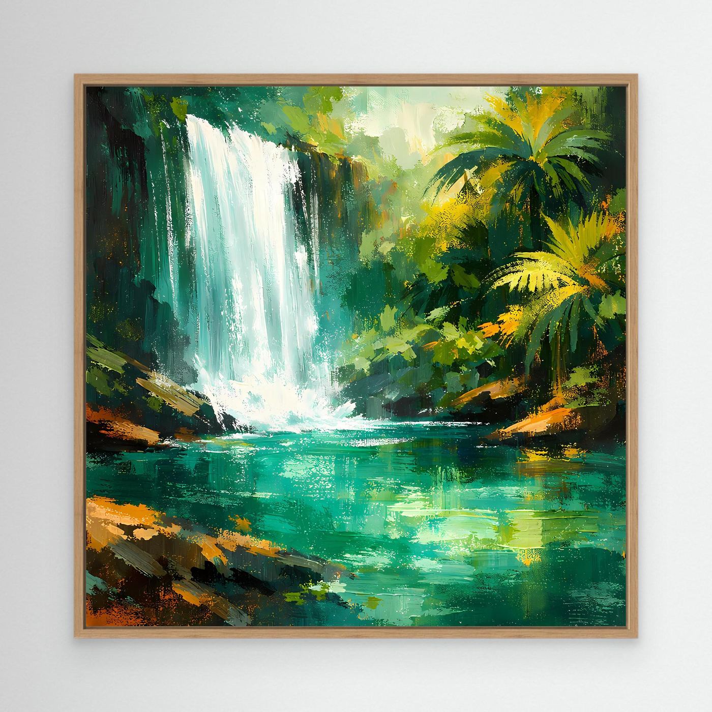 Leinwand Abstraktes Dschungel Wandbild mit Wasserfall | Modernes Natur Kunstwerk Grün