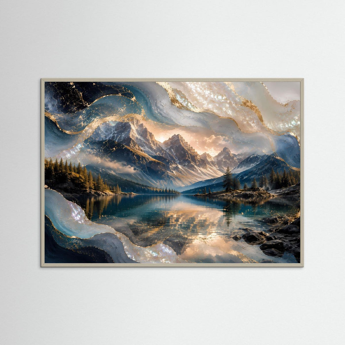 Querformat-Poster im grauen Holzrahmen: Bergsee-Landschaft mit blau-goldener Perlmutt-Optik