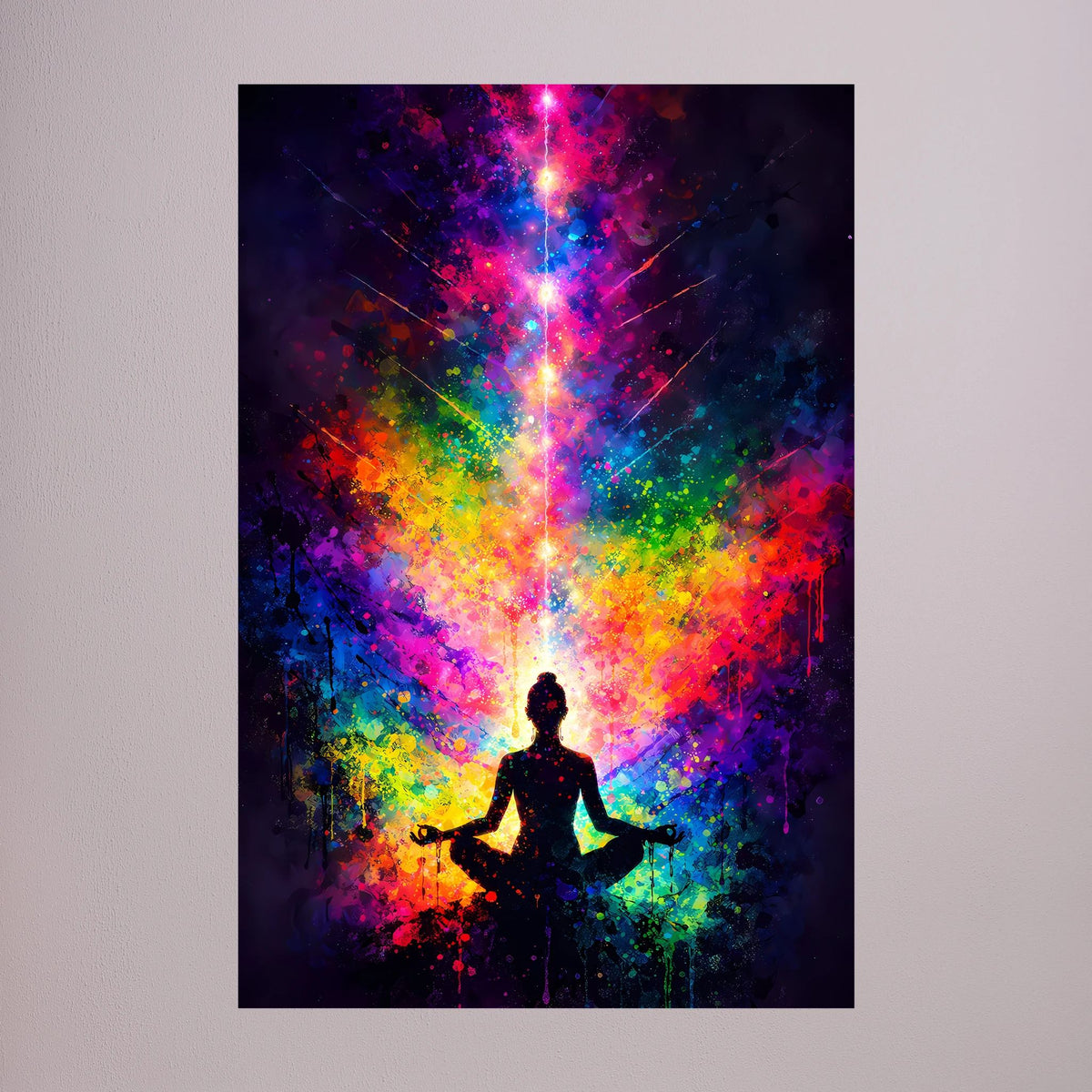 Hochformat-Poster mit zentraler Meditationssilhouette vor farbenfrohem Lichtwirbel