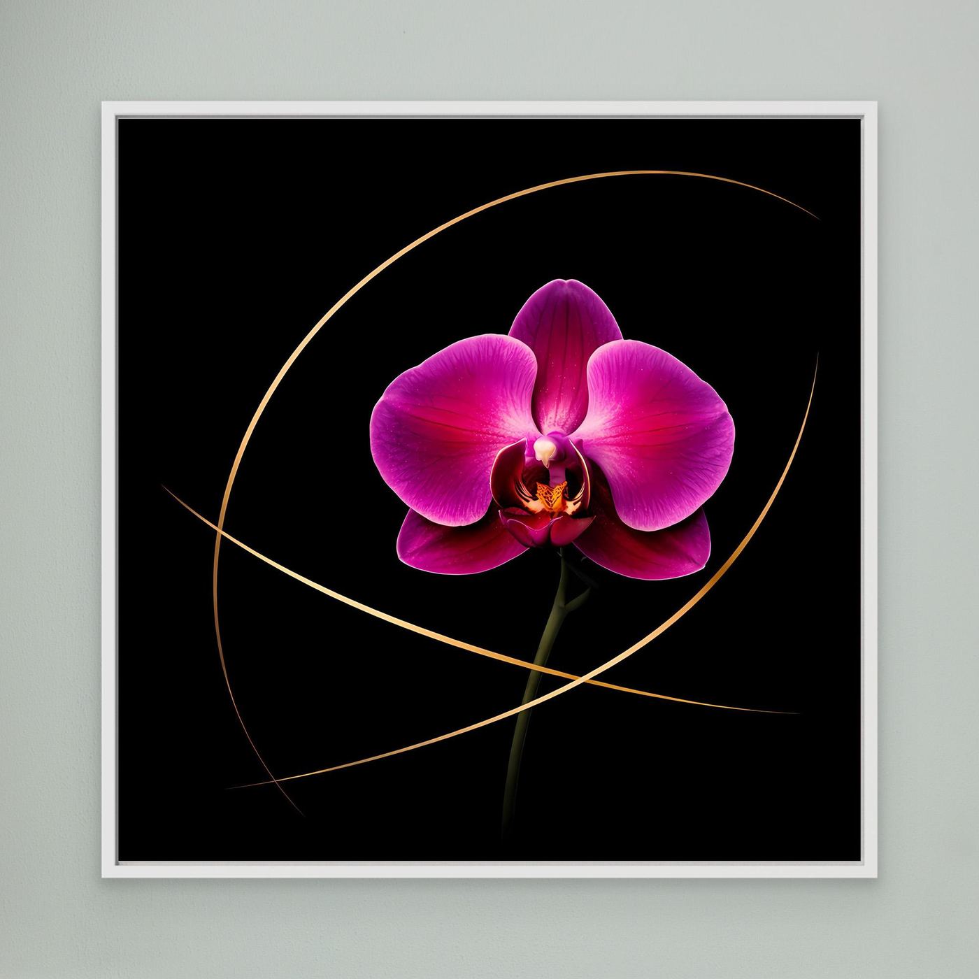 Quadratisches Leinwandbild mit magenta Orchidee und goldenen Linien, weißer Rahmen