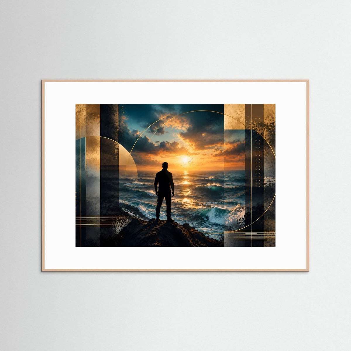 Gerahmtes Querformat-Poster mit Silhouette am Strand bei Sonnenuntergang und grafischen Elementen