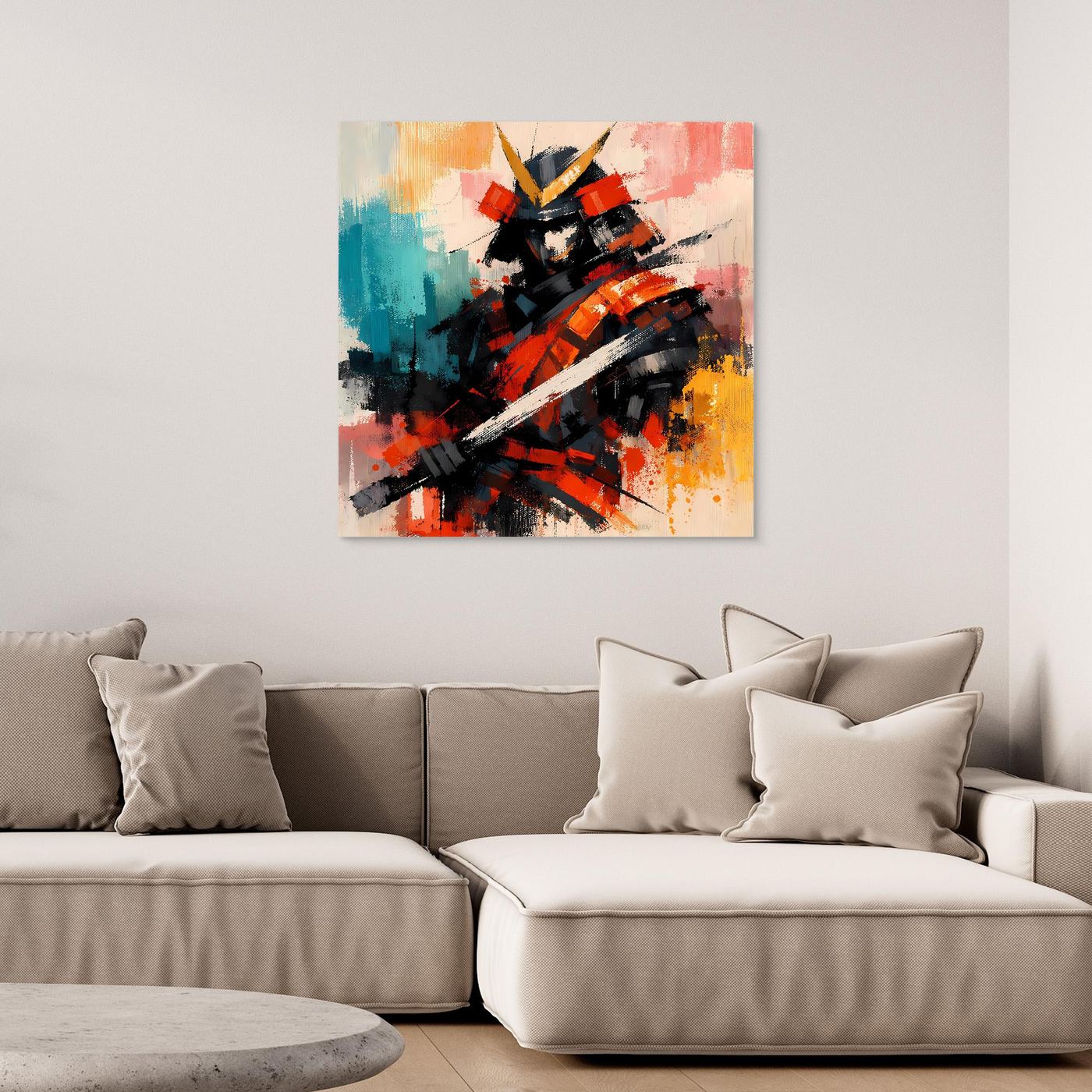 Leinwandbild mit abstraktem Samurai-Krieger in Street-Art, ohne Rahmen
