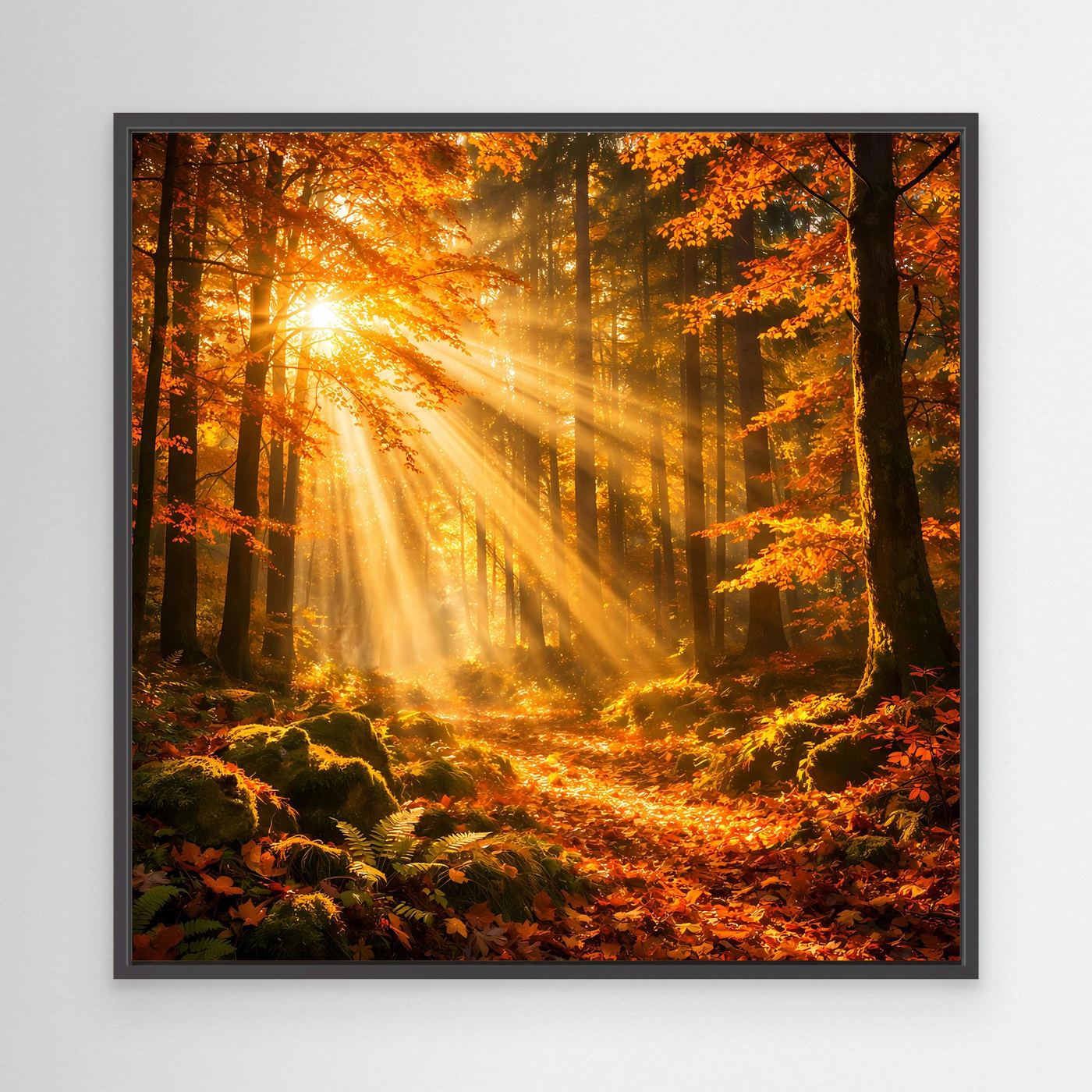 Leinwandbild Herbstwald-Motiv im schwarzen Rahmen mit Sonnenstrahlen durch Bäume