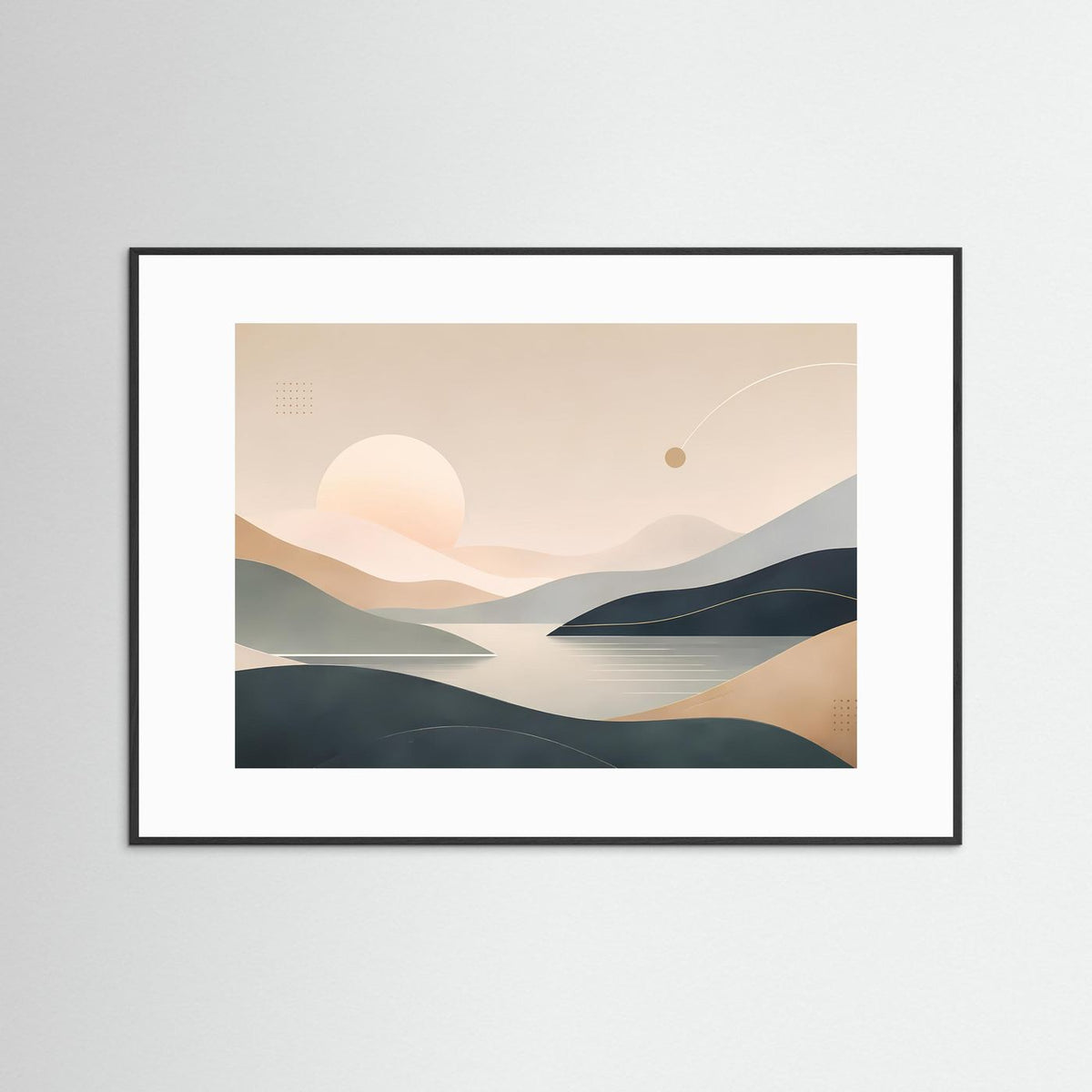 Horizontales Poster mit abstrakter Landschaft, Sonne, Beige- und Blautönen, schwarzer Rahmen mit Rand