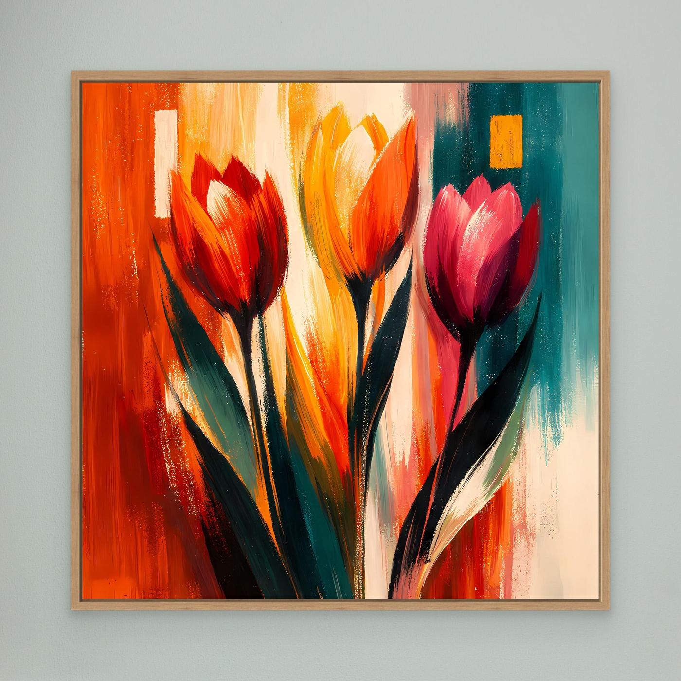 Leinwandbild mit abstrakten Tulpen in bunten Farben, mit beigem Rahmen