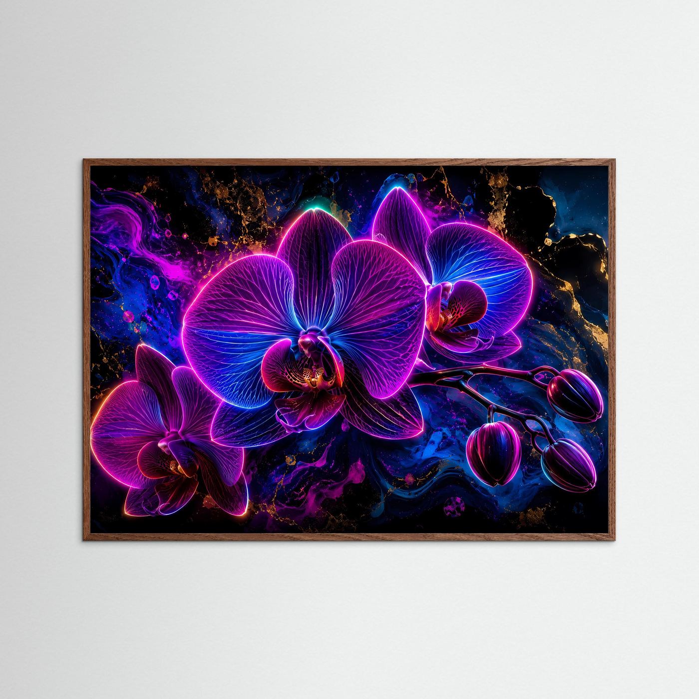 Neon Orchideen Poster | Leuchtende Orchideen in Pink Blau | Moderne Abstrakte Blumen Wandkunst mit Gold Akzenten
