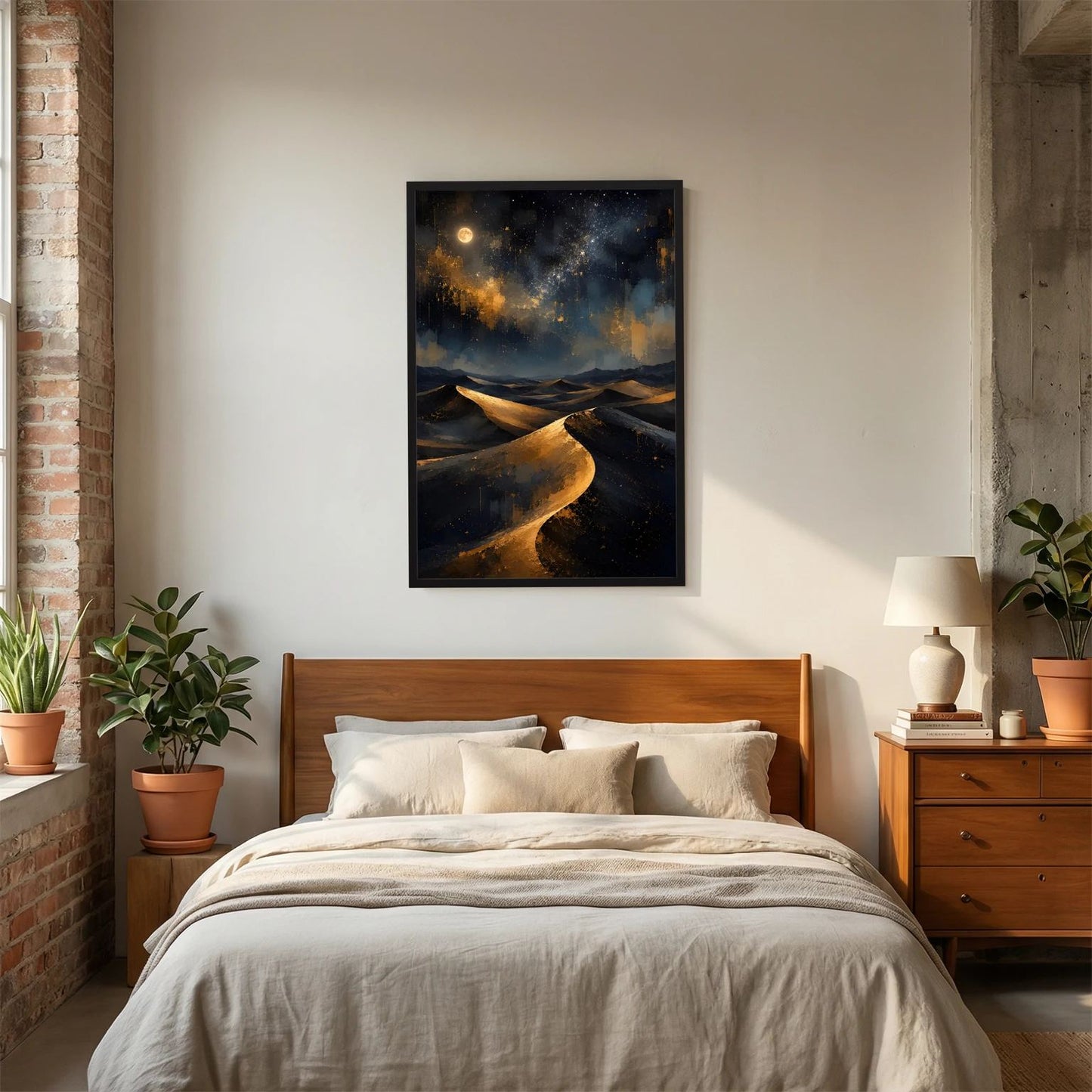 Hochformat-Poster mit goldenen Dünen und Sternen, schwarzer Rahmen