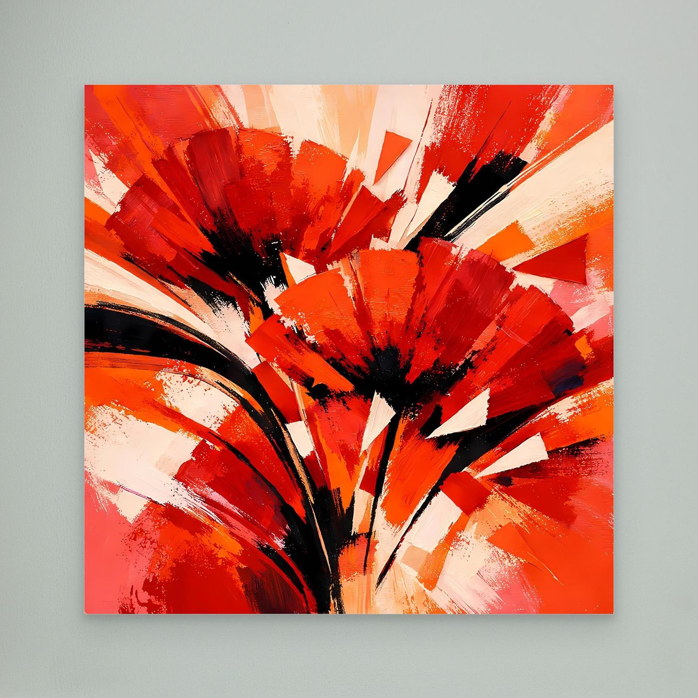 Abstraktes Leinwandbild mit geometrischen Mohnblüten in Rot und Orange, ohne sichtbaren Rahmen