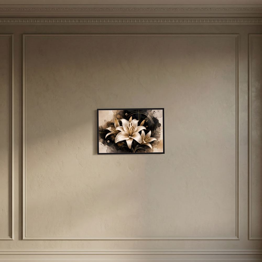 Wandposter im Querformat mit weißen Lilienblüten, schwarz-goldenem Design, schwarz gerahmt