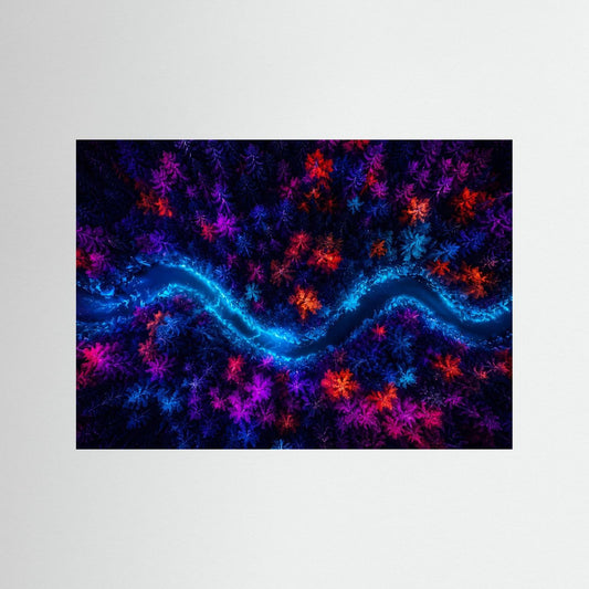 Leuchtendes Wald-Wandbild mit Neonfluss in Blau, Pink und violetten Baumkronen