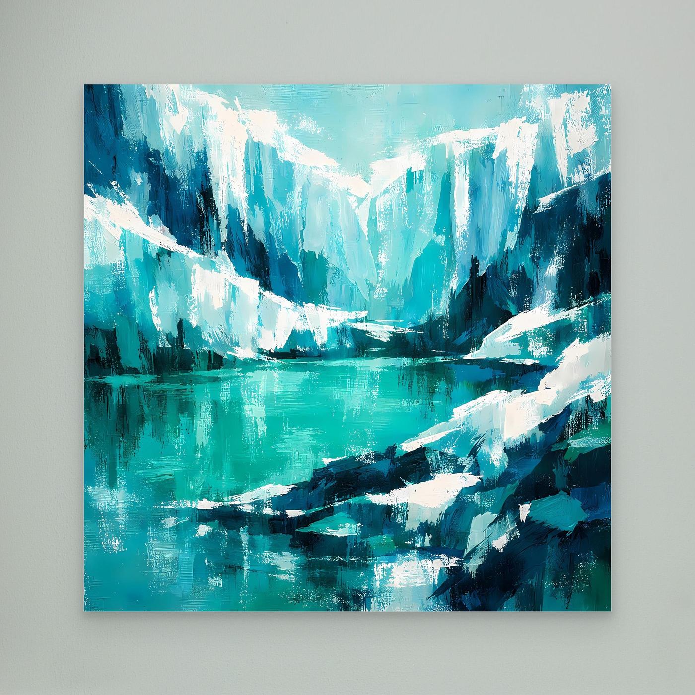 Abstraktes Leinwand-Wandbild mit Eisbergen und türkisfarbenem Wasser, ohne Rahmen
