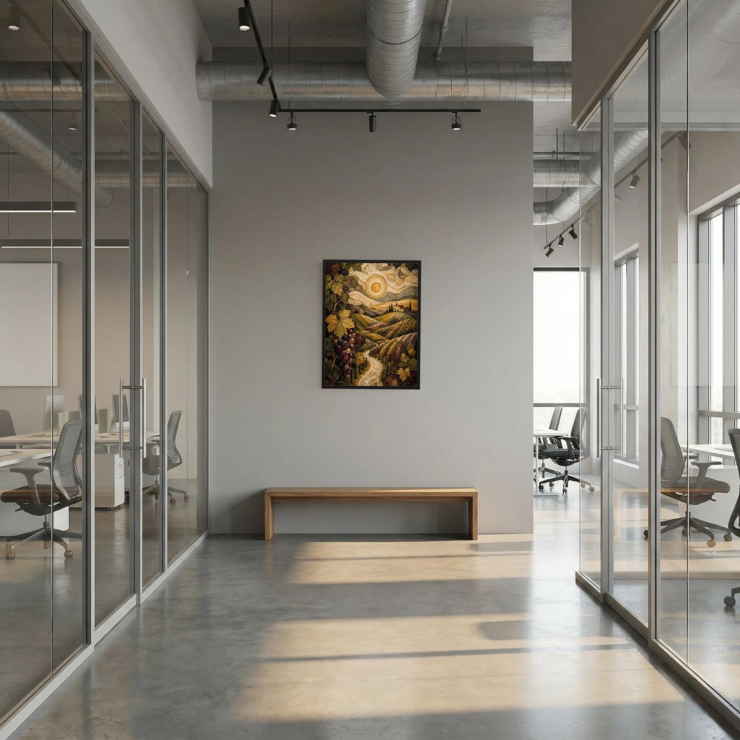 Poster in der Lobby: mediterrane Weinberglandschaft als Mosaik mit Goldsonne im schwarzen Rahmen