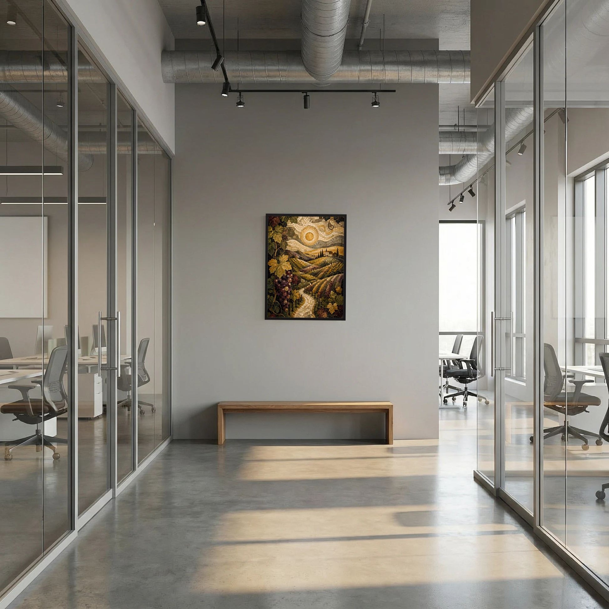 Poster in der Lobby: mediterrane Weinberglandschaft als Mosaik mit Goldsonne im schwarzen Rahmen