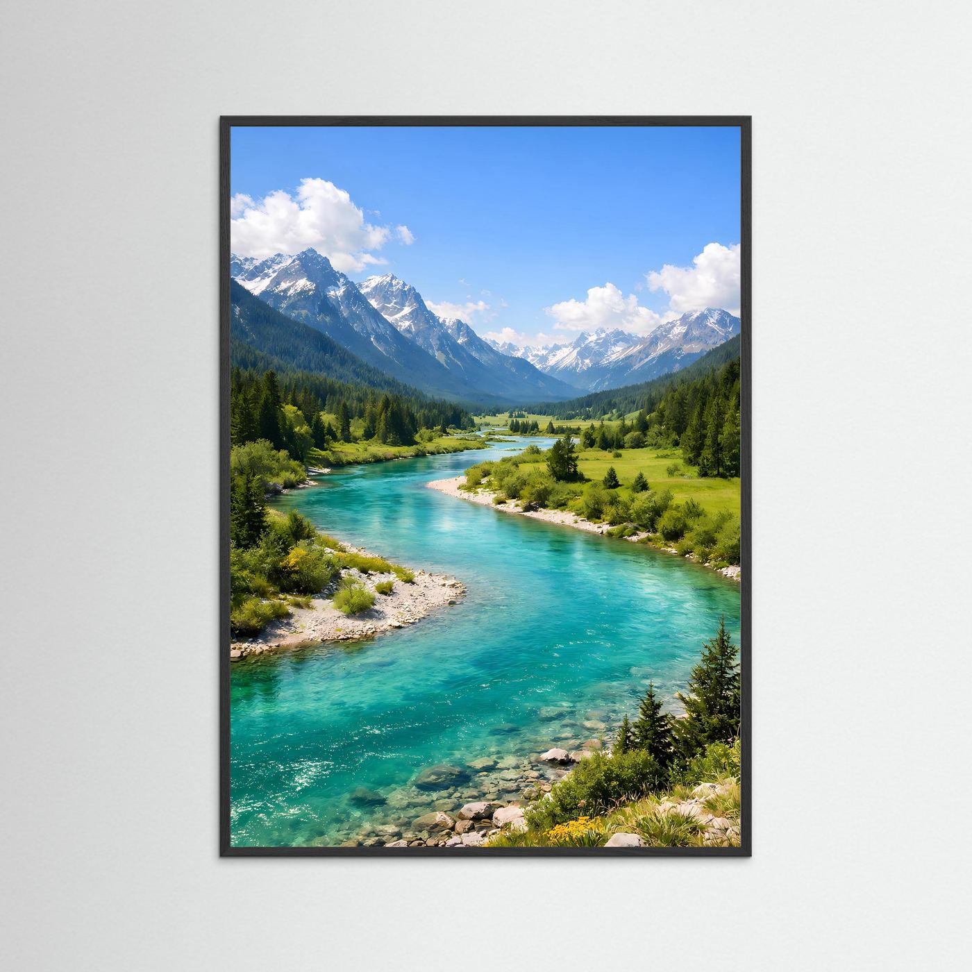 Poster im Hochformat mit türkisfarbenem Alpenfluss, schwarzer Rahmen