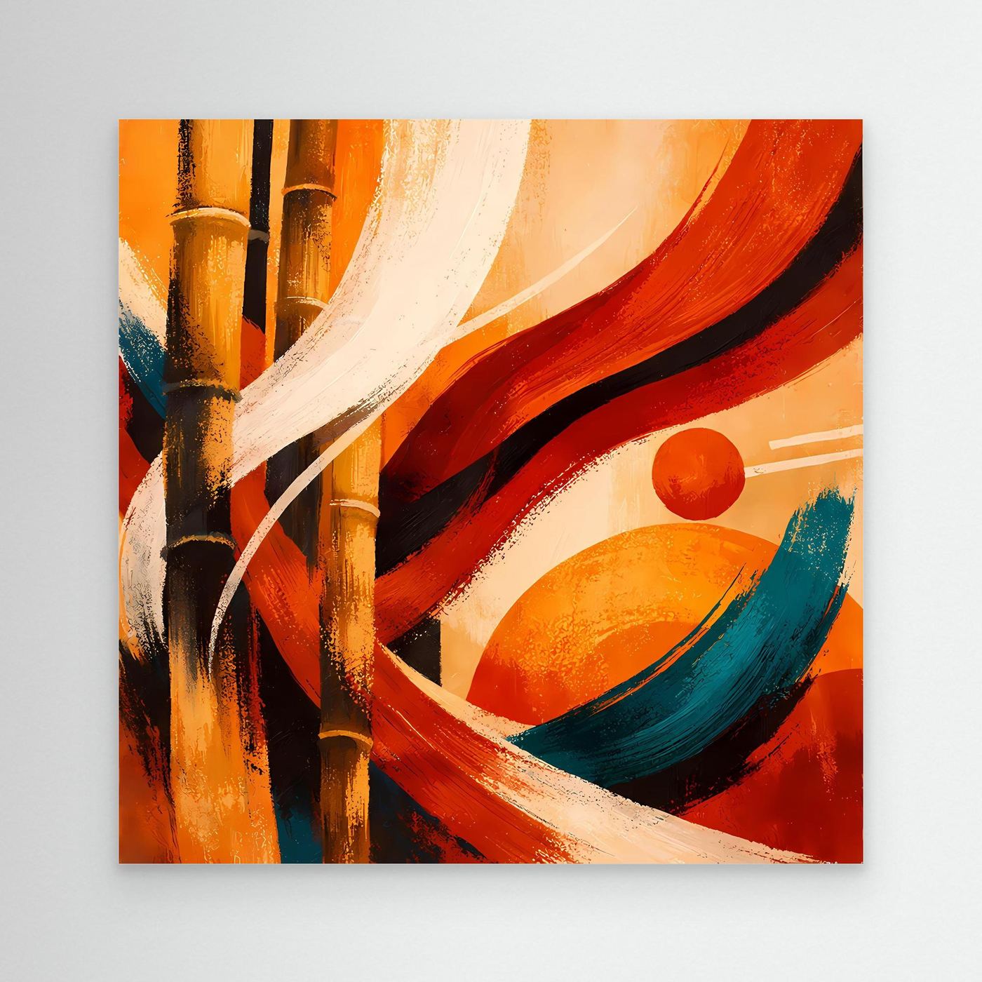 Abstraktes Leinwandbild mit Bambusmotiv, orange-rote Farbakzente und schwarzen Pinselstrichen
