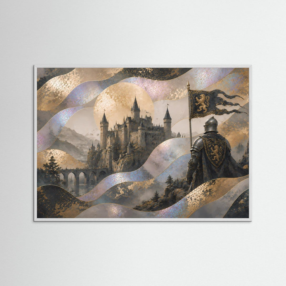 Mittelalter-Poster (Querformat) mit Burg, goldenen Wellen und Banner über dem Ritter