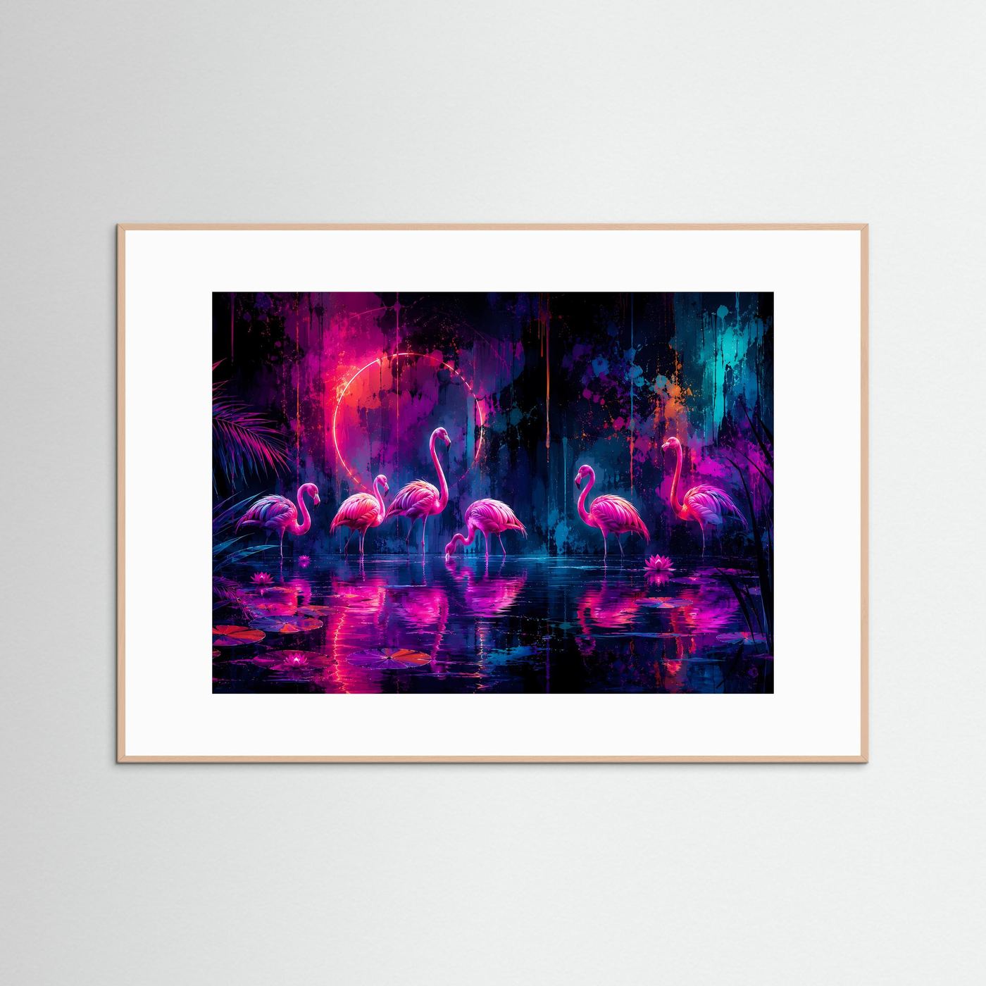 Neon Flamingos Poster | Magische Tropische Nacht in Pink Blau Fantasy Wandbild Querformat