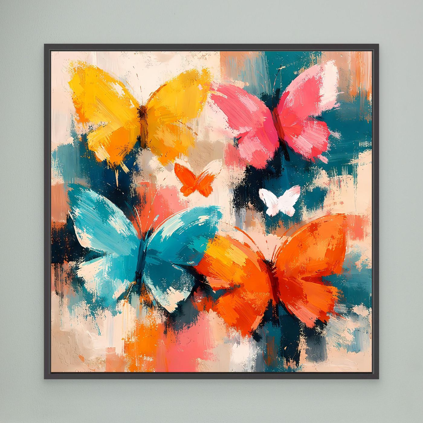 Leinwand Farbenfrohe Schmetterlinge im Flug | Abstraktes Natur & Frühling Wandbild