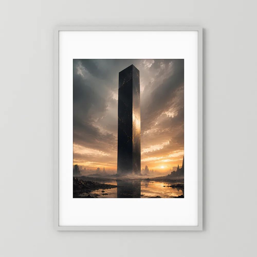Poster im Hochformat mit schwarzem Monolithen in hellgrauem Rahmen mit weißem Rand