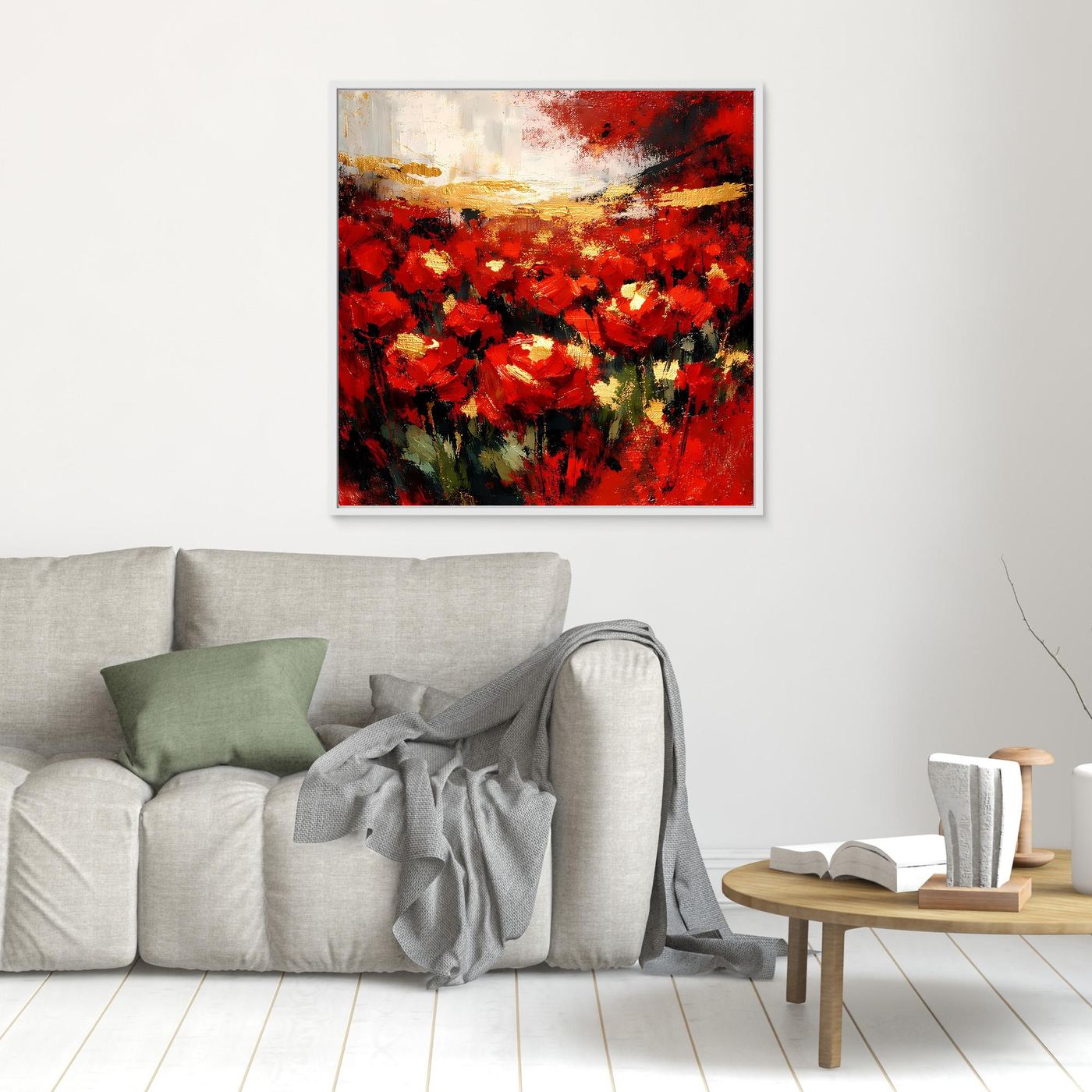 Wandbild mit abstraktem Blumenfeld, rote Blüten und Goldakzente, weißer Rahmen