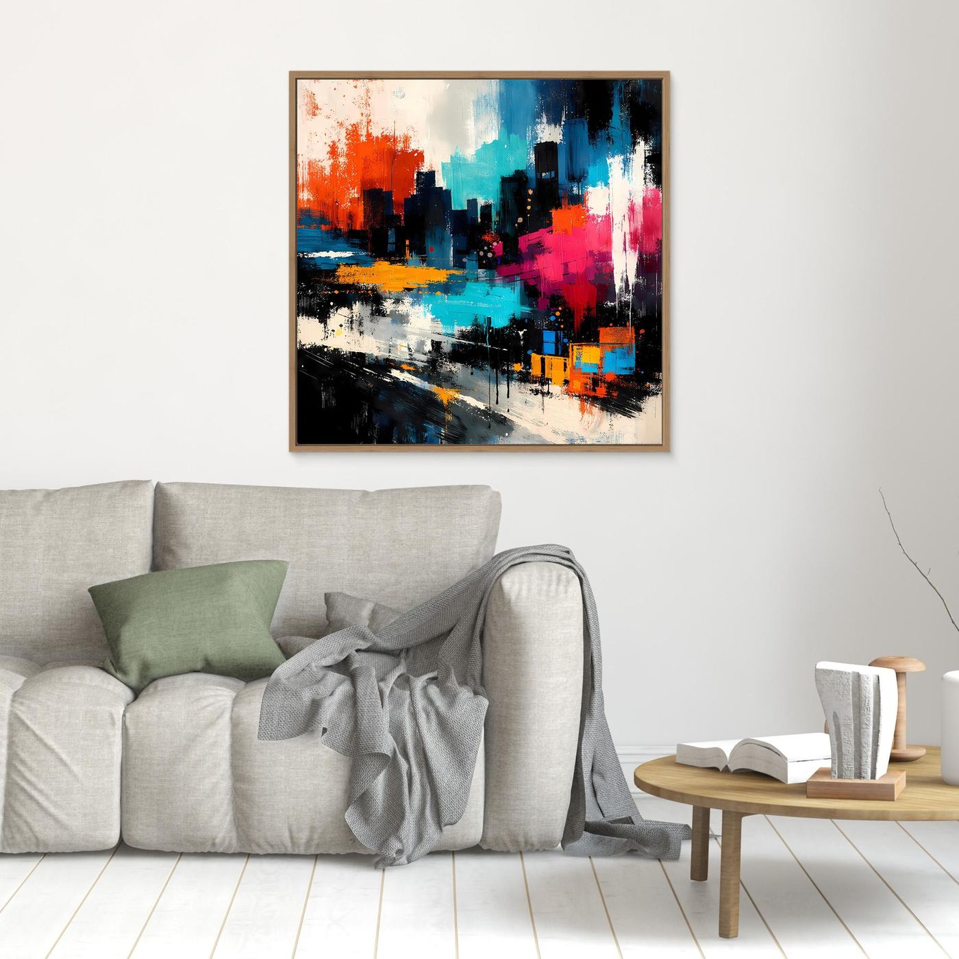 Abstract city skyline canvas wall art with orange, blue and pink city blocks, oak frame