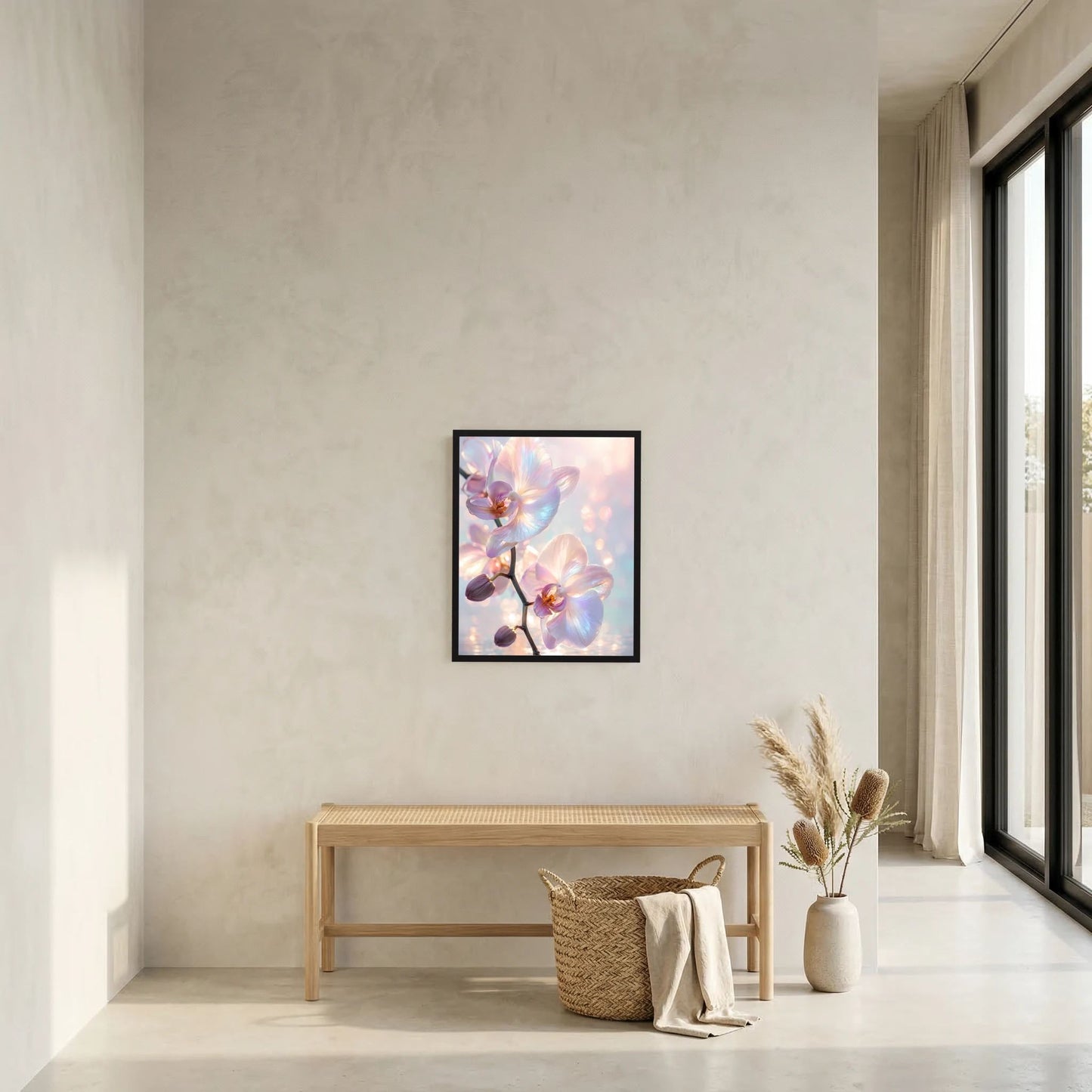 Gerahmtes Kunstposter mit Orchideenblüten in Pastellrosa und Hellblau, schwarzer Rahmen