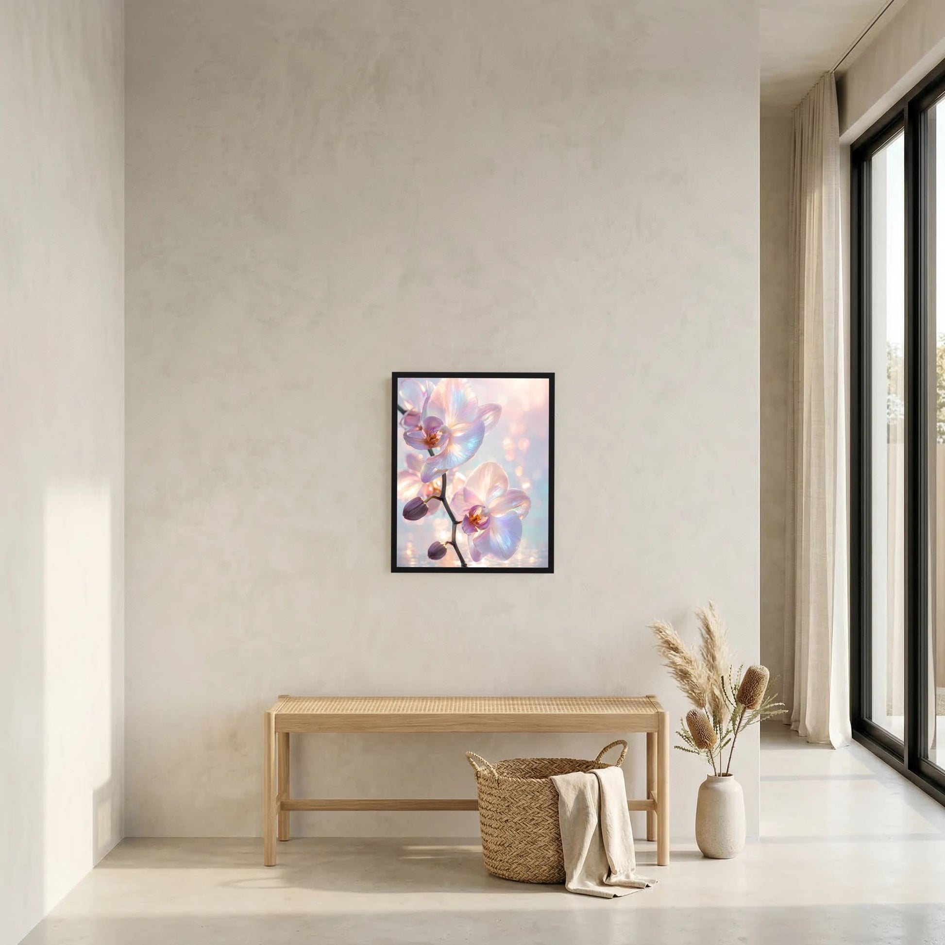 Gerahmtes Kunstposter mit Orchideenblüten in Pastellrosa und Hellblau, schwarzer Rahmen