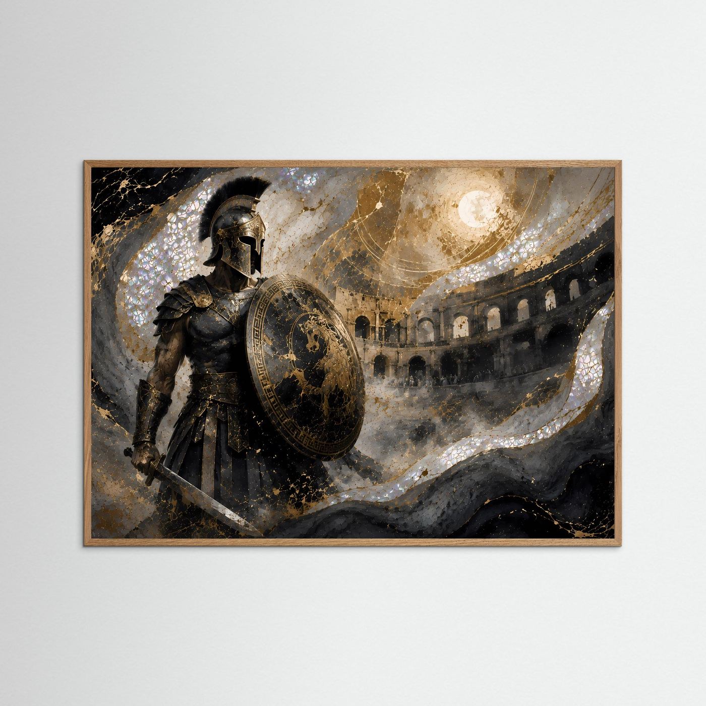 Poster im hellem Holrahmen: römischer Gladiator im dunklen Rüstzeug mit Rundschild