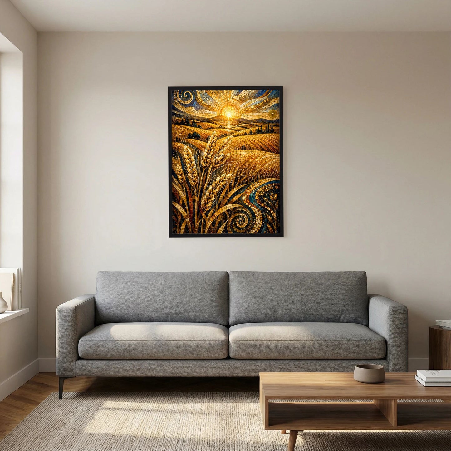 Gerahmtes Poster: Weizenfeld in Goldtönen als Mosaik mit heller Sonne