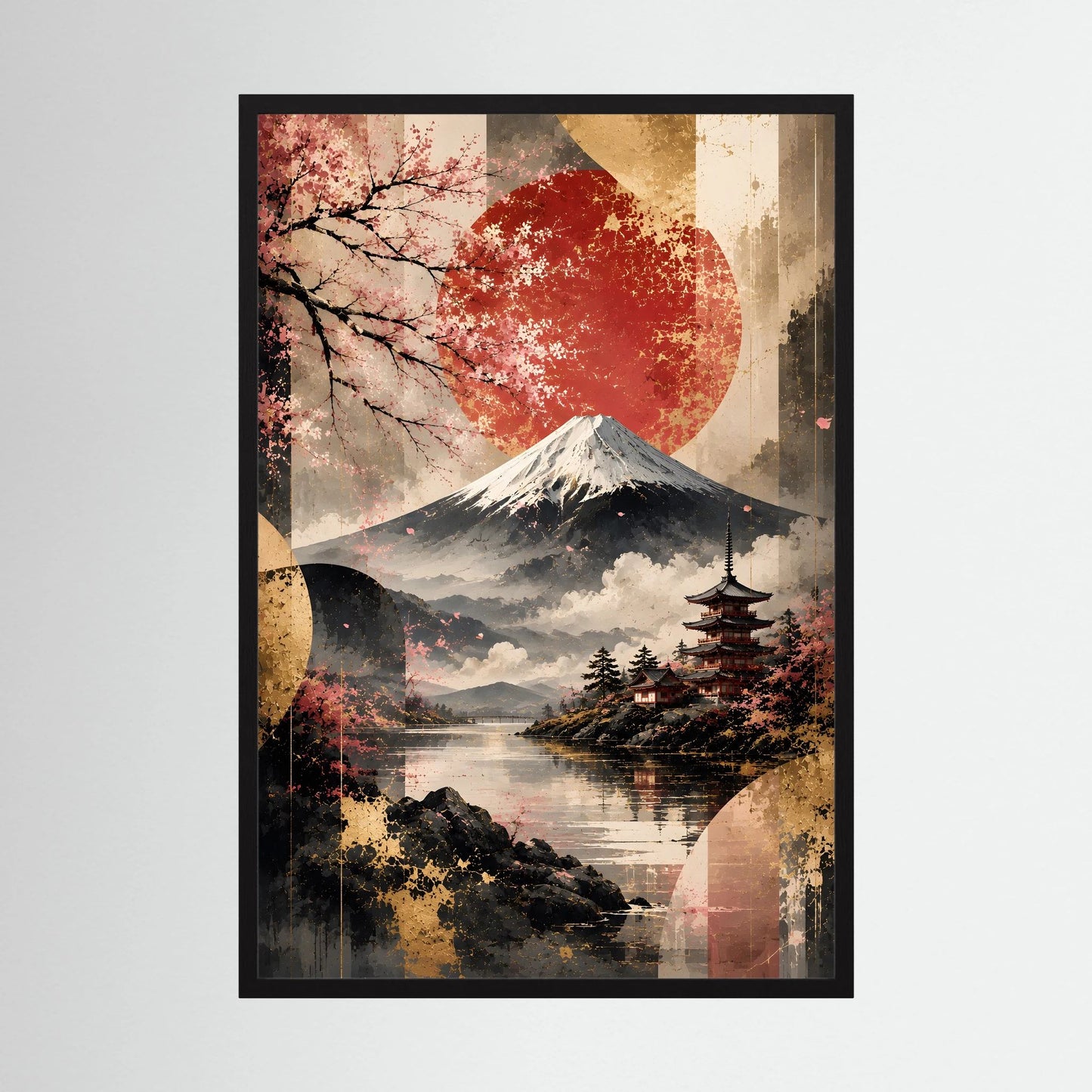 Hochformatiges Poster mit japanischer Landschaft, Fuji und roter Sonne im schwarzen Rahmen